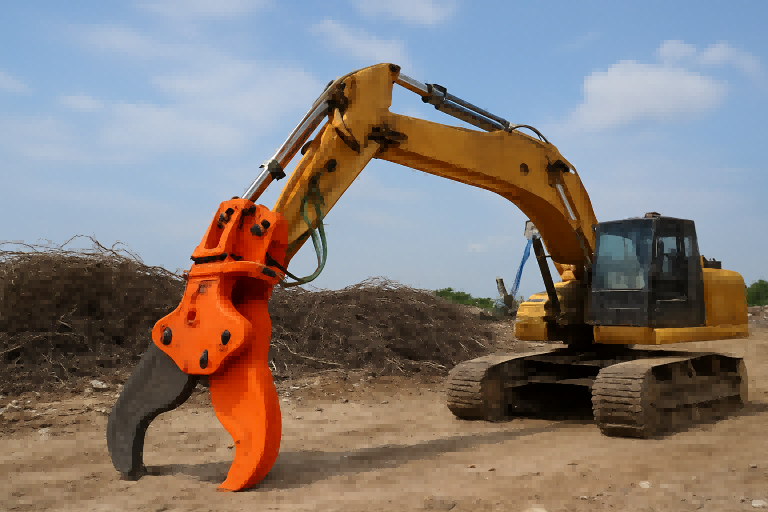an excavator with a hydraulic shear attachment in use